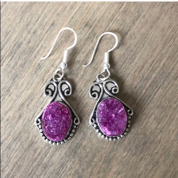 Jewelry - Pretty in Pink Druzy 925 Silver Earrings ear ring